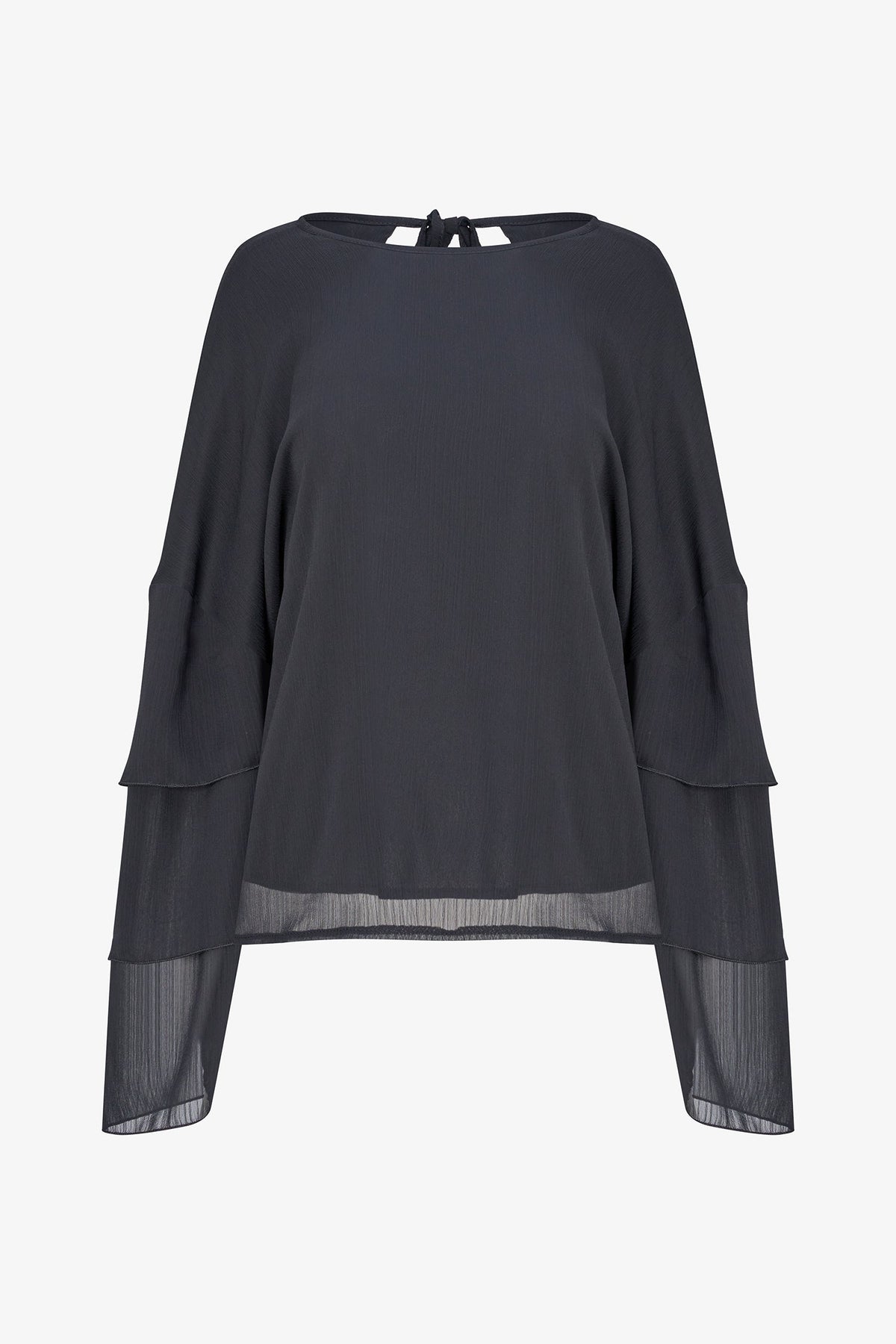 Women's Woven Crew-Neck Top with Long Layered Bell Sleeves