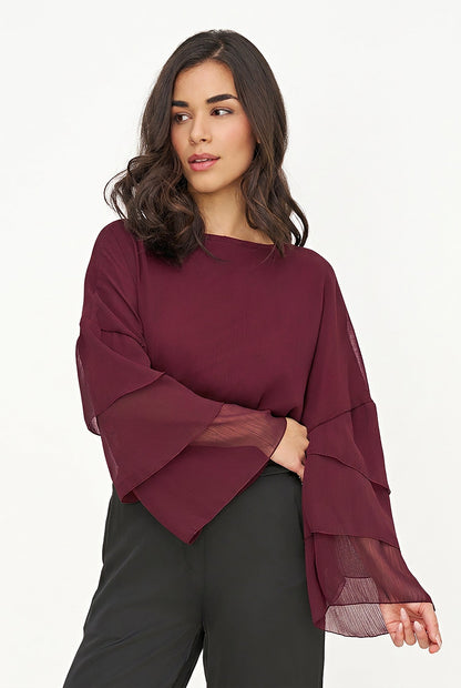 Women's Woven Crew-Neck Top with Long Layered Bell Sleeves