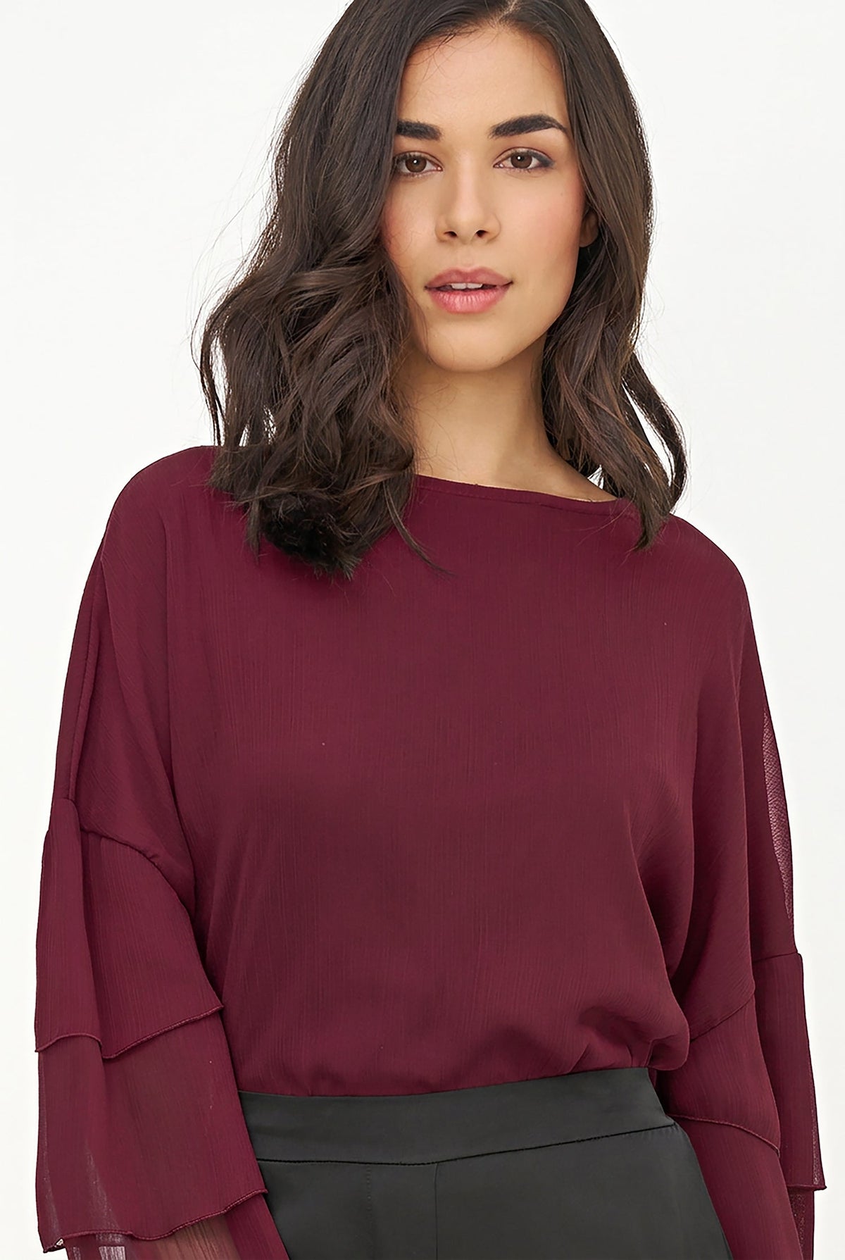 Women's Woven Crew-Neck Top with Long Layered Bell Sleeves