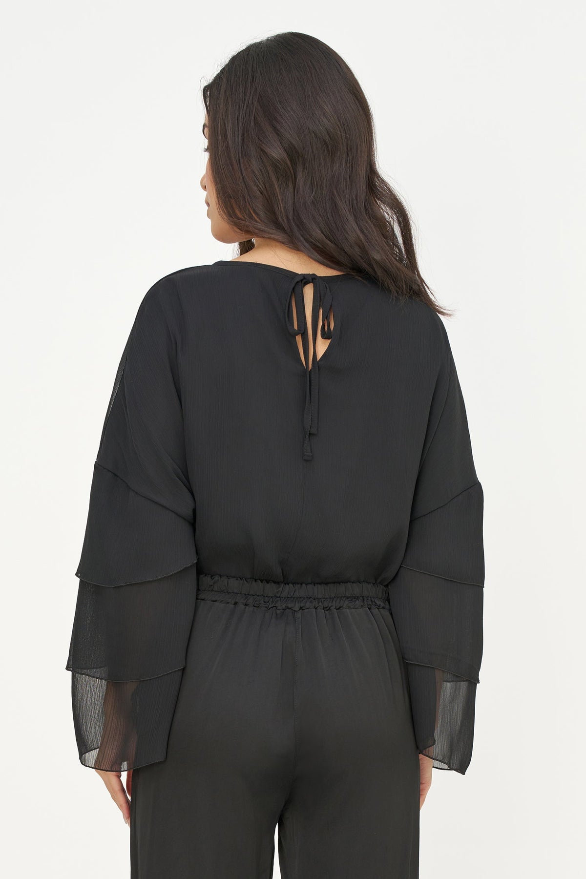 Women's Woven Crew-Neck Top with Long Layered Bell Sleeves