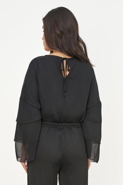 Women's Woven Crew-Neck Top with Long Layered Bell Sleeves