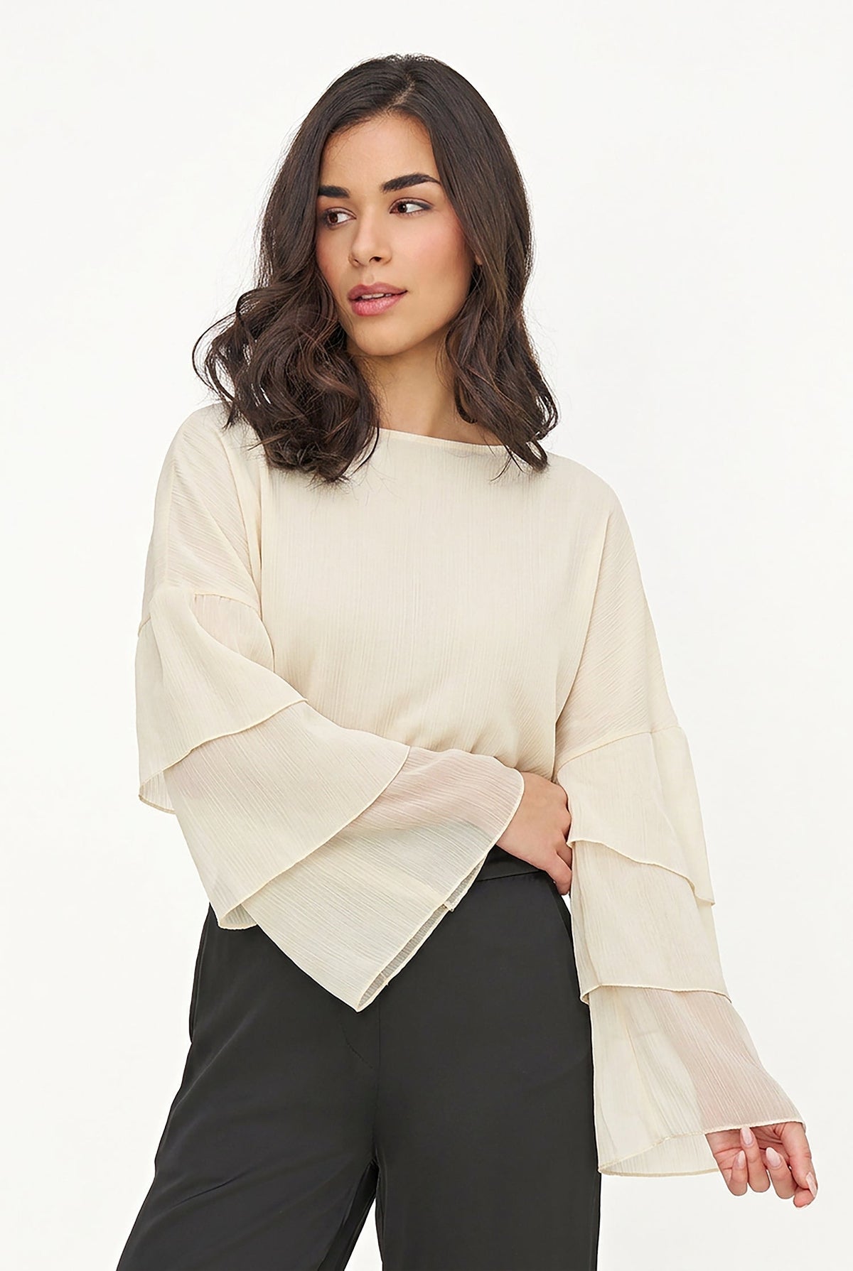 Women's Woven Crew-Neck Top with Long Layered Bell Sleeves