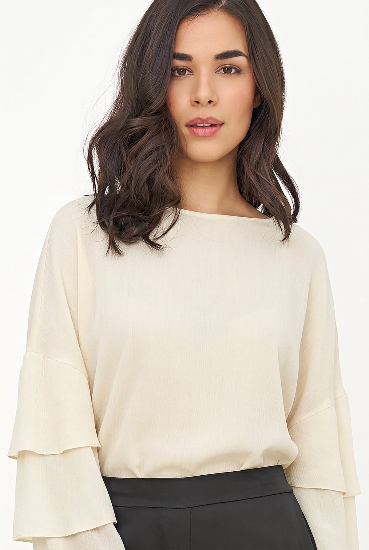 Women's Woven Crew-Neck Top with Long Layered Bell Sleeves
