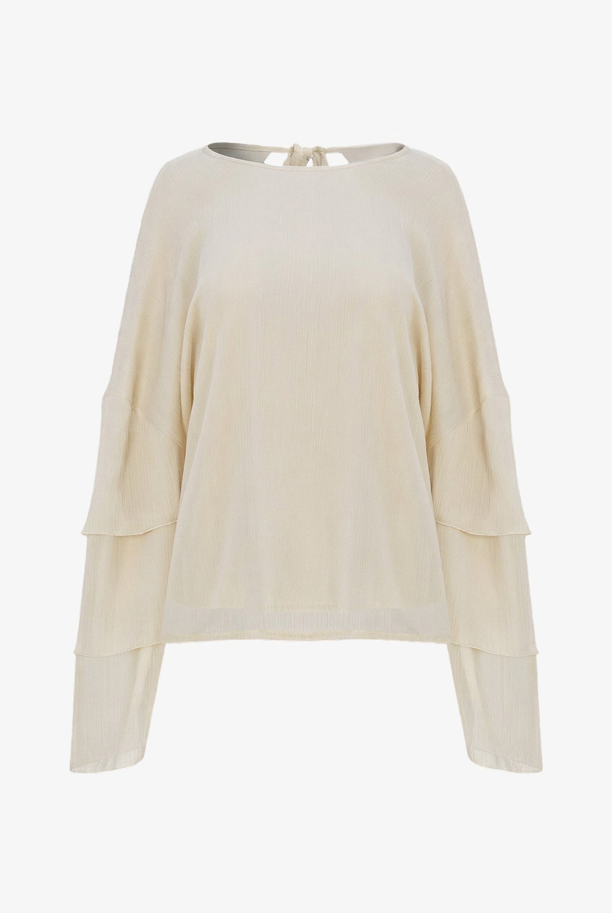 Women's Woven Crew-Neck Top with Long Layered Bell Sleeves