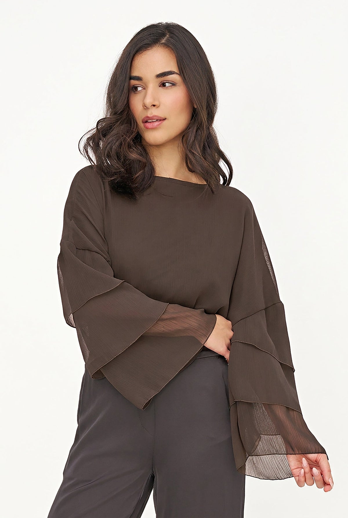 Women's Woven Crew-Neck Top with Long Layered Bell Sleeves