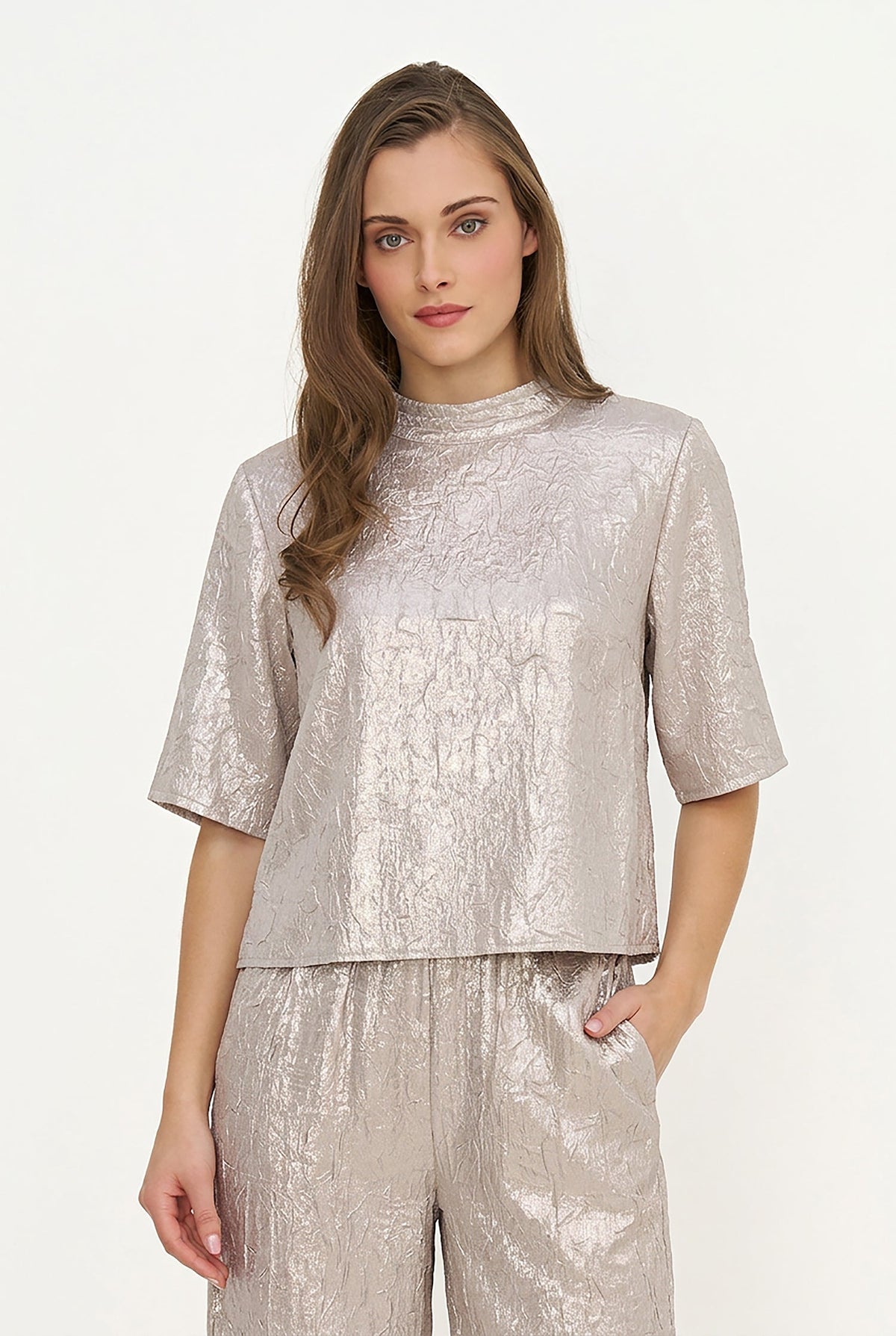 Women's Woven Mock-Neck Top with Elbow-Length Sleeves