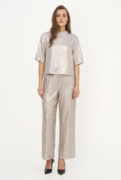 Women's Woven Mock-Neck Top with Elbow-Length Sleeves