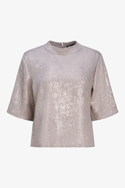 Women's Woven Mock-Neck Top with Elbow-Length Sleeves