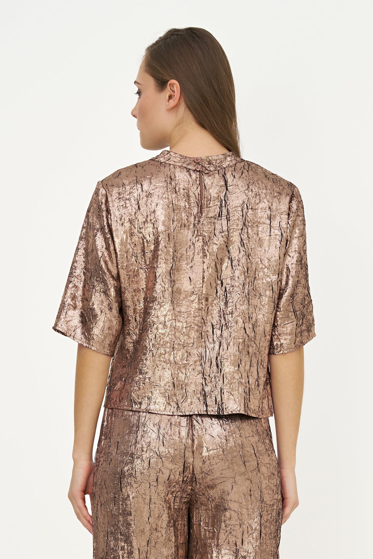 Women's Woven Mock-Neck Top with Elbow-Length Sleeves