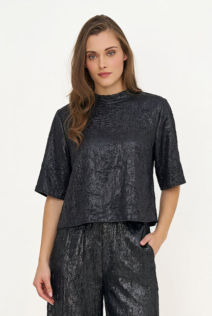 Women's Woven Mock-Neck Top with Elbow-Length Sleeves