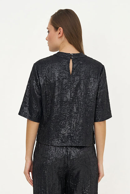 Women's Woven Mock-Neck Top with Elbow-Length Sleeves