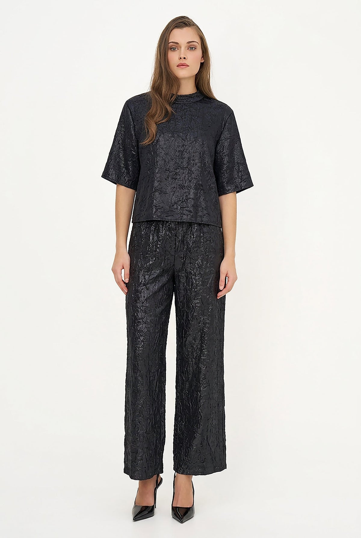Women's Woven Mock-Neck Top with Elbow-Length Sleeves