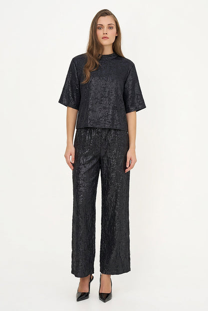 Women's Woven Mock-Neck Top with Elbow-Length Sleeves