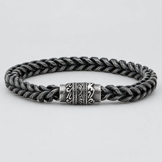 Men's Oxidized Steel Chain Bracelet. Wheat Link Engraved Magnetic Clasp Biker Jewelry