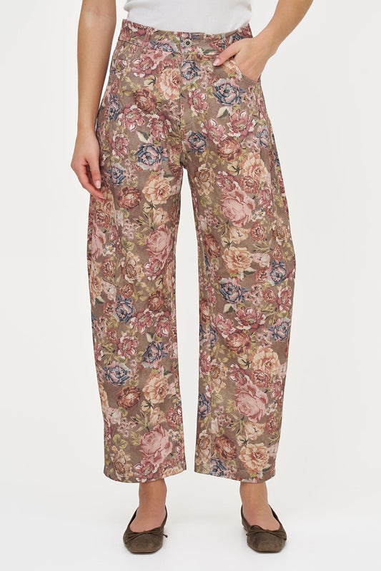 Women's Woven Printed Zip-Up Barrel Leg Pant with Side Seam Pockets & Back Pockets