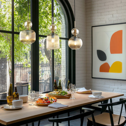 SOPHIA Cognac Ribbed Glass 3-Light Linear Pendant for Dining, Living Room & Kitchen