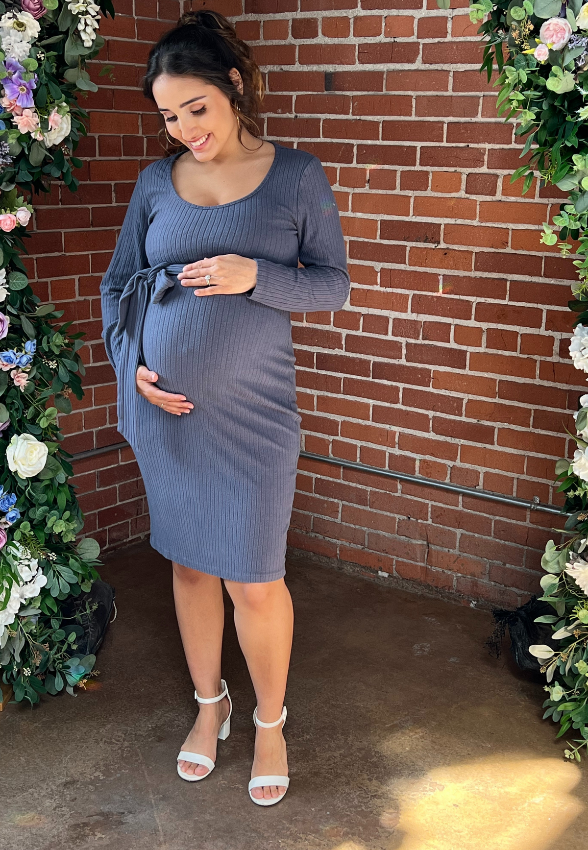 Long Sleeve Ribbed Tie Maternity Dress