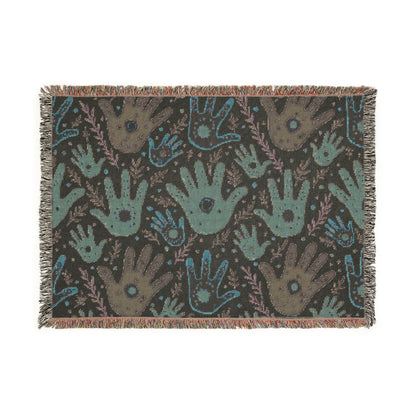 Handprint Pattern Woven Blanket — Boho Tribal Throw for Living Room, Nursery, or Gift