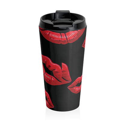 Red Lipstick Kiss Pattern Travel Mug | Black Stainless Steel - AURABAGS SHOP