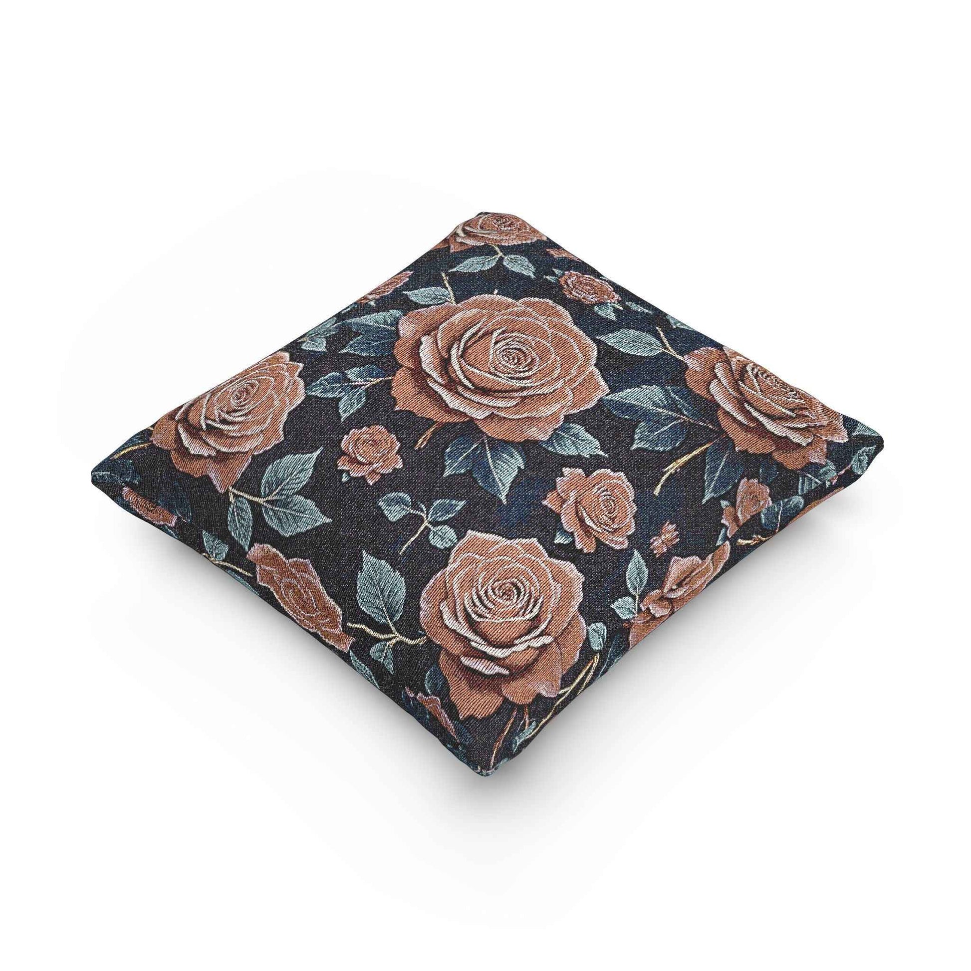 Vintage Rose Woven Pillow | Floral Needlepoint Style, Navy Background