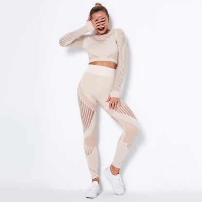 Women’s Seamless Knitted Long-Sleeve Yoga Set – Absorbent Workout Activewear