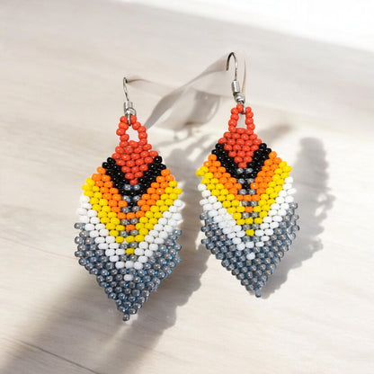 OldTribes™ grey Beaded Feather Drop Earrings
