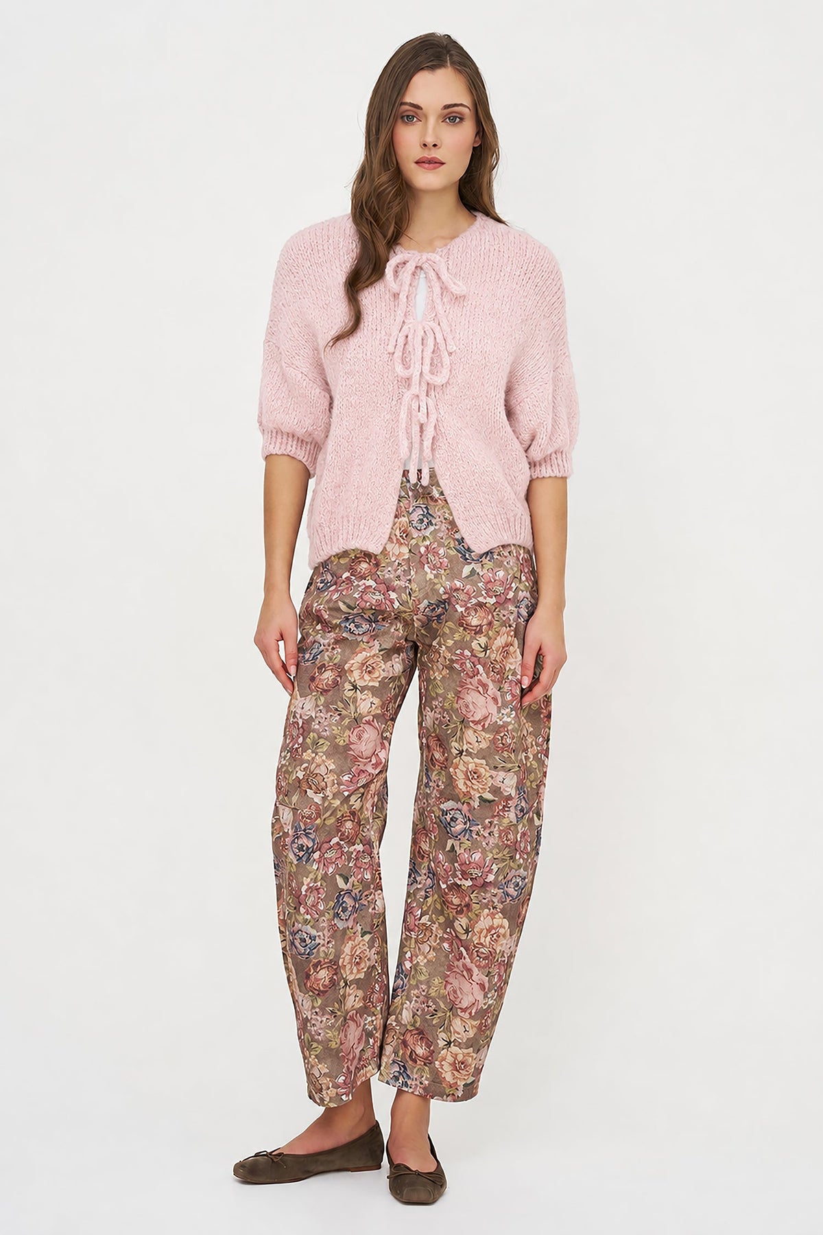 Women's Knit Crew-Neck Cardigan, Elbow-Length Sleeves & Cord Front Tie