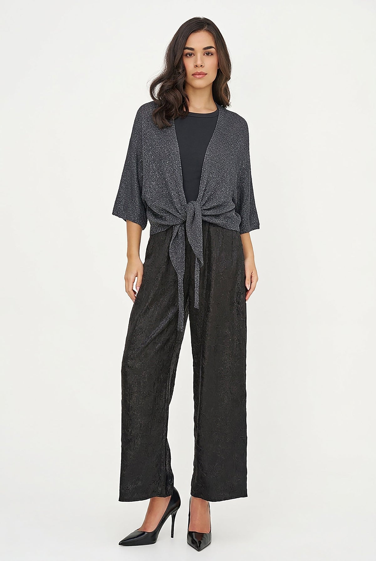 Women's Lurex Open Knit Cardigan, 3/4 Sleeves & Self-Tie Front