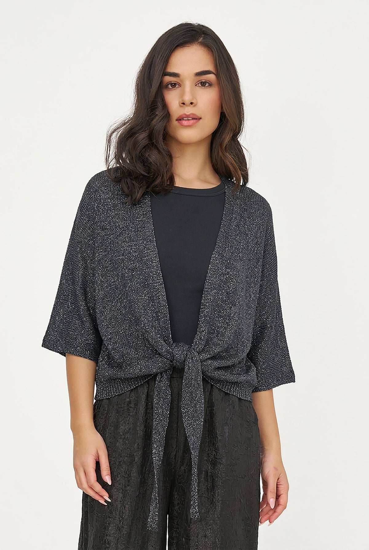 Women's Lurex Open Knit Cardigan, 3/4 Sleeves & Self-Tie Front