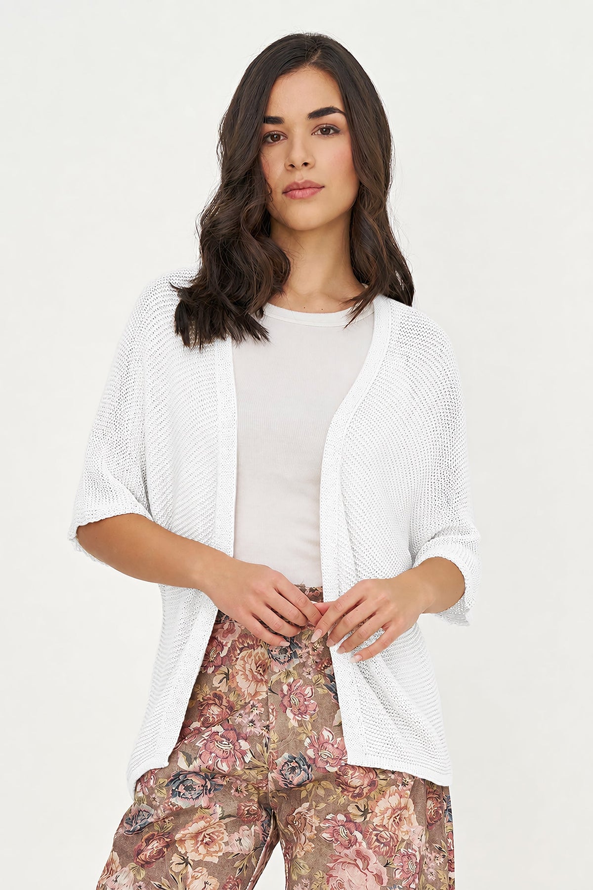 Women's Knit Open Cardigan with Elbow-Length Sleeves