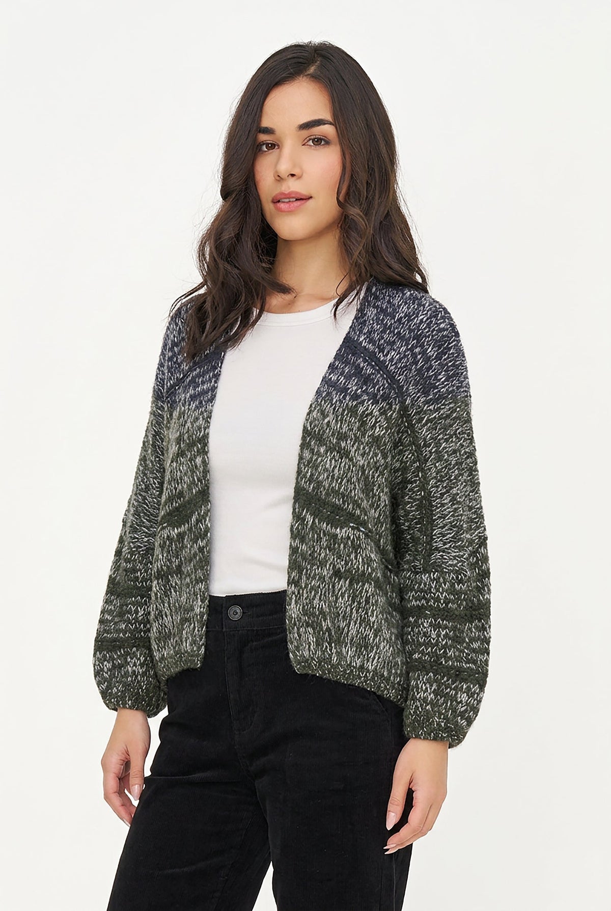 Women's Knit Color-Block Open Cardigan with Long Sleeves