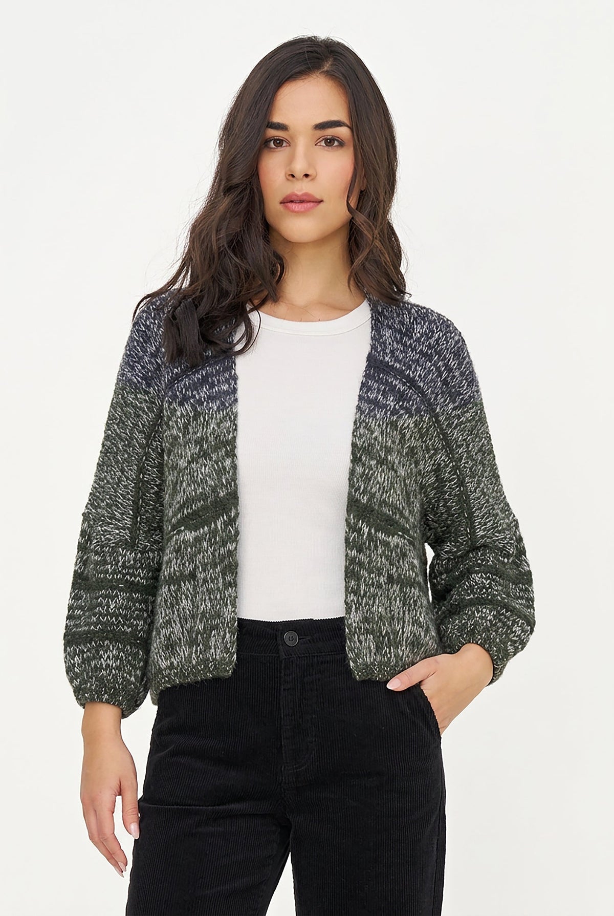 Women's Knit Color-Block Open Cardigan with Long Sleeves