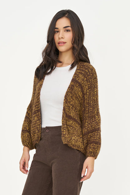 Women's Knit Color-Block Open Cardigan with Long Sleeves