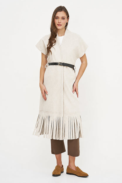 Women's Brushed Woven Open Cardigan with Fringe Hem & Removable Belt