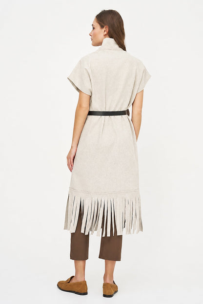 Women's Brushed Woven Open Cardigan with Fringe Hem & Removable Belt