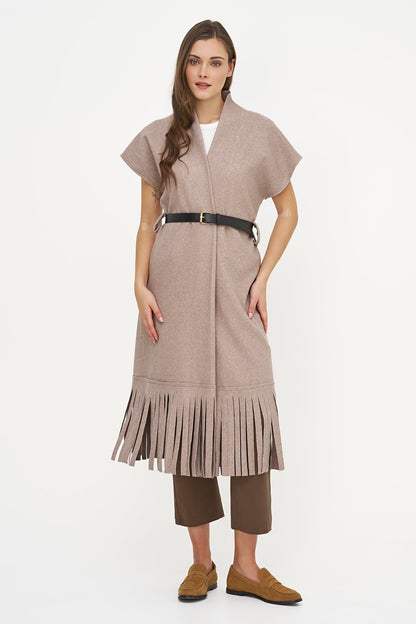 Women's Brushed Woven Open Cardigan with Fringe Hem & Removable Belt