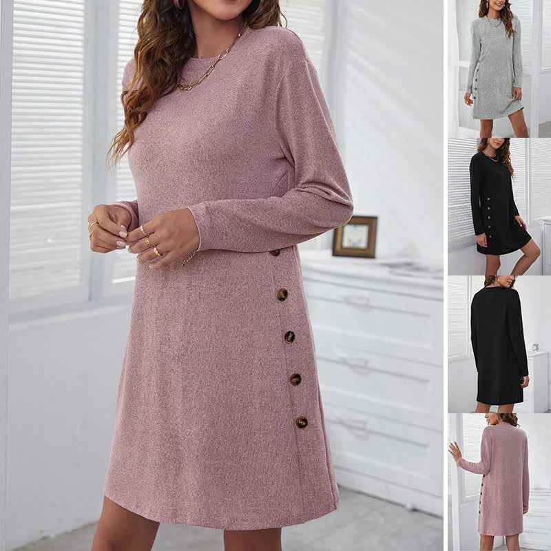Women's Long-Sleeve Round-Neck Dress – Casual Loose Solid Color Fall & Spring Dress