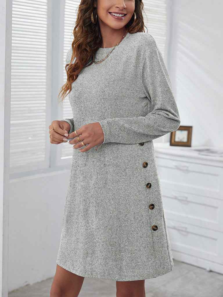 Women's Long-Sleeve Round-Neck Dress – Casual Loose Solid Color Fall & Spring Dress
