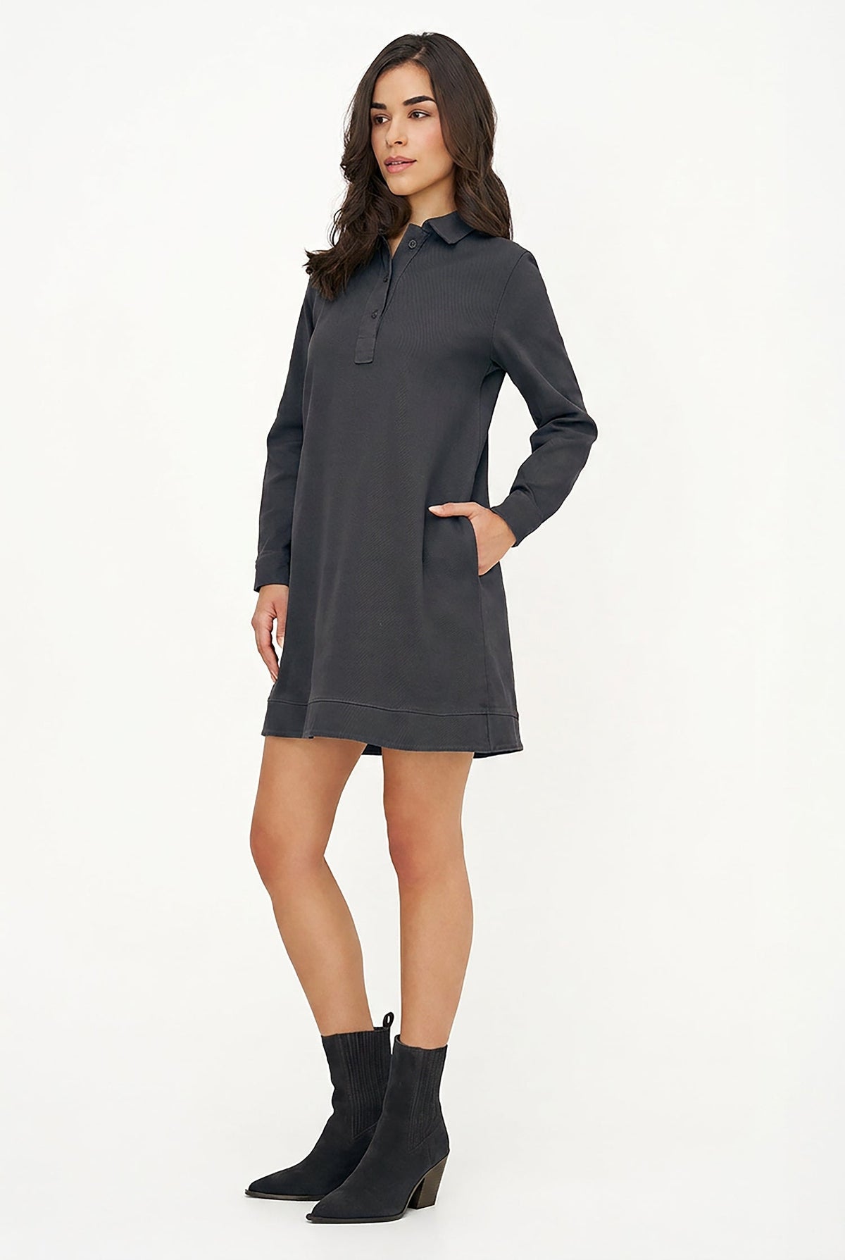 Women's A-Line Dress, Long Sleeves, Partial Button Placket & Pockets