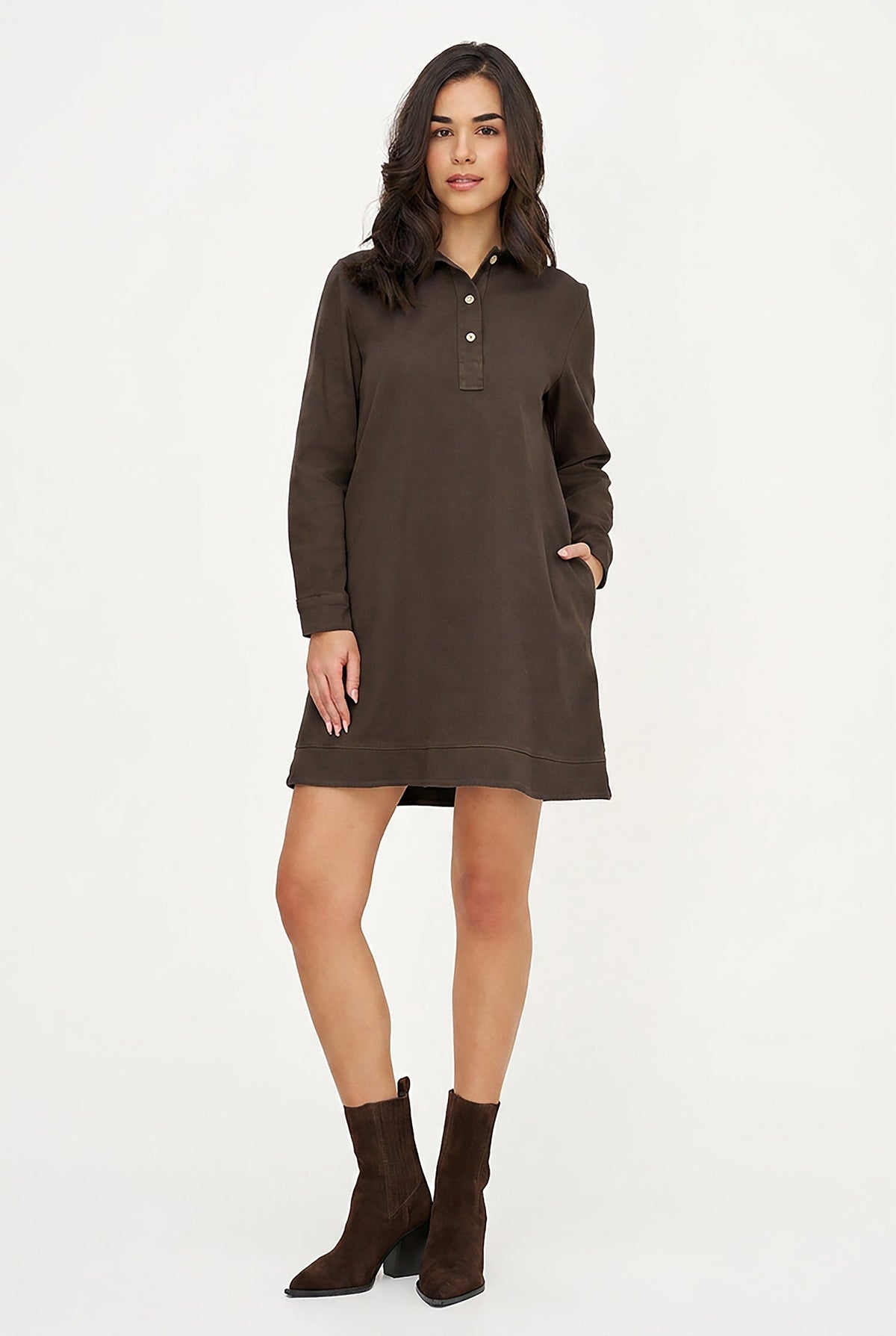 Women's A-Line Dress, Long Sleeves, Partial Button Placket & Pockets