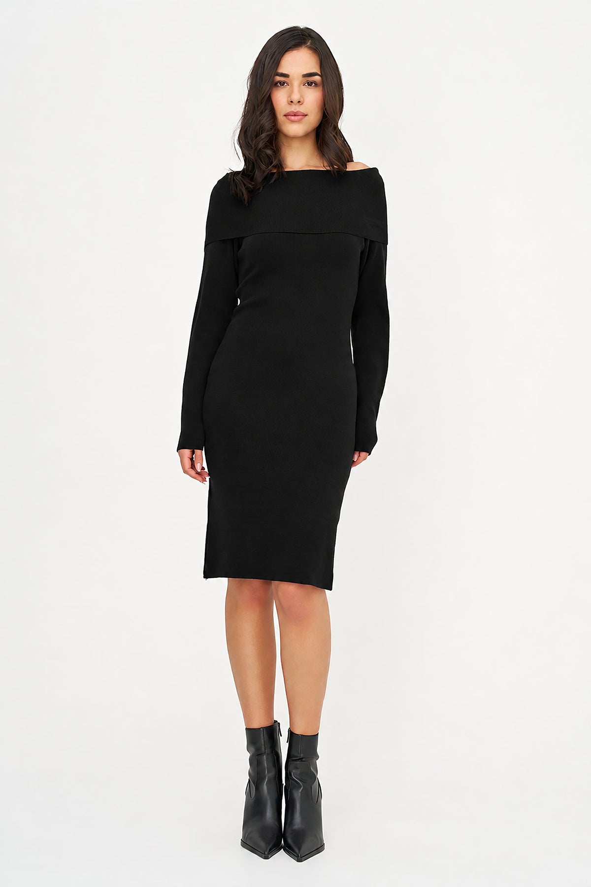 Women's Knit Off-Shoulder Dress with Foldover Neckline & Long Sleeves
