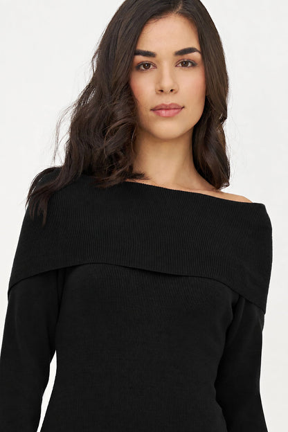 Women's Knit Off-Shoulder Dress with Foldover Neckline & Long Sleeves