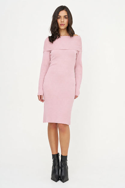 Women's Knit Off-Shoulder Dress with Foldover Neckline & Long Sleeves