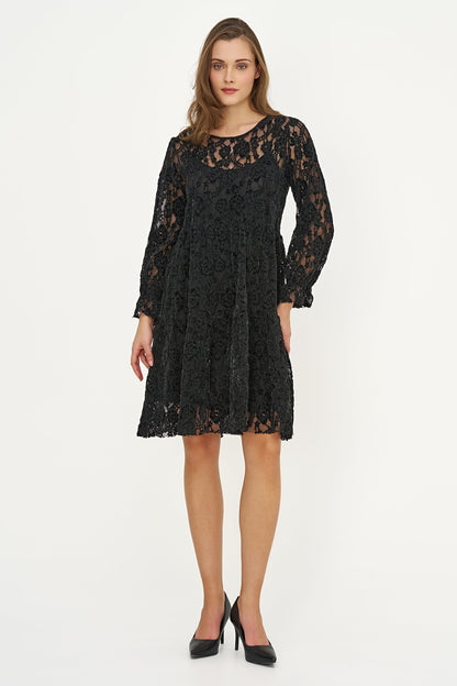 Women's Crew-Neck Babydoll Dress, Long Ruffled Sleeves & Ruffle Hem