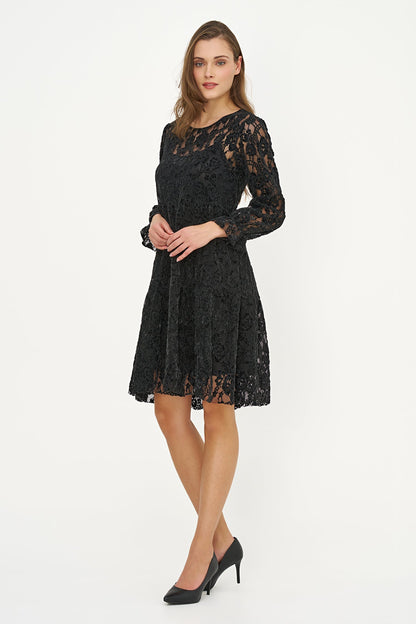 Women's Crew-Neck Babydoll Dress, Long Ruffled Sleeves & Ruffle Hem