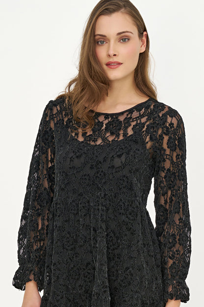 Women's Crew-Neck Babydoll Dress, Long Ruffled Sleeves & Ruffle Hem