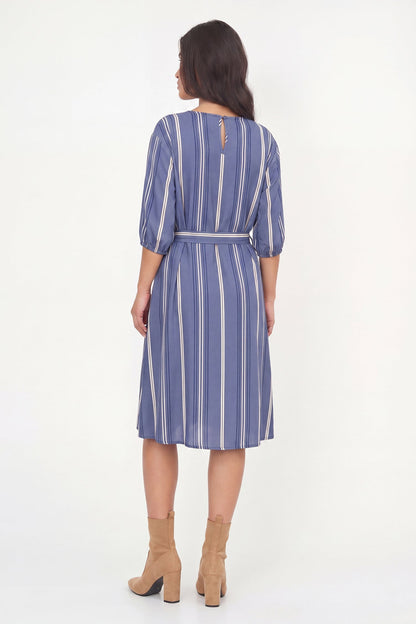 Women's Printed Crew-Neck Dress, Long Sleeves, Belt & Side Pockets