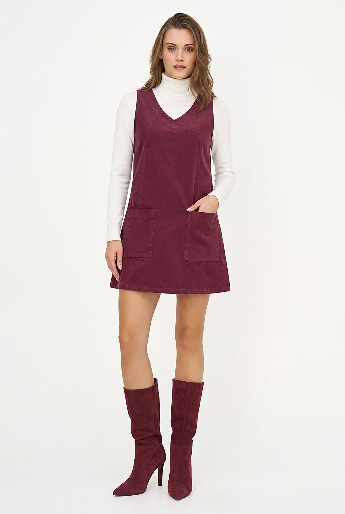 Women's Corduroy Sleeveless V-Neck Dress with Patch Pockets