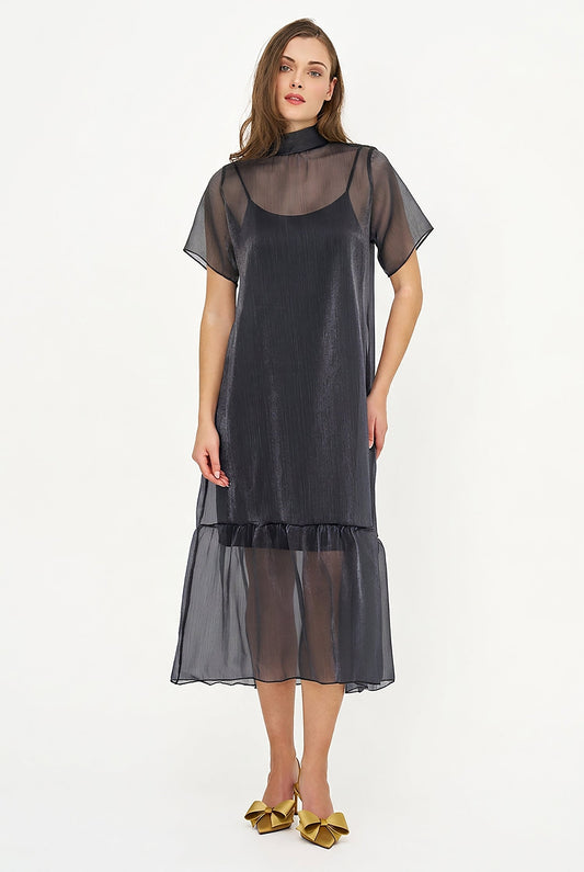 Women's Short-Sleeve Turtleneck Dress, Tie-Back Bow & Ruffle Hem