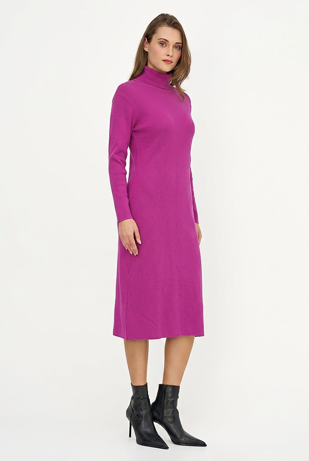 Women's Rib-Knit Turtleneck Dress, Long Sleeves & Back Slit